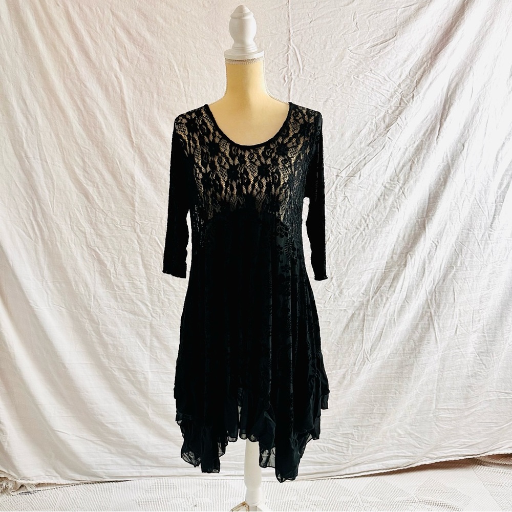 Surrealist Black Lace and Velvet Ruffle Pullover Dress Made in USA Size Large